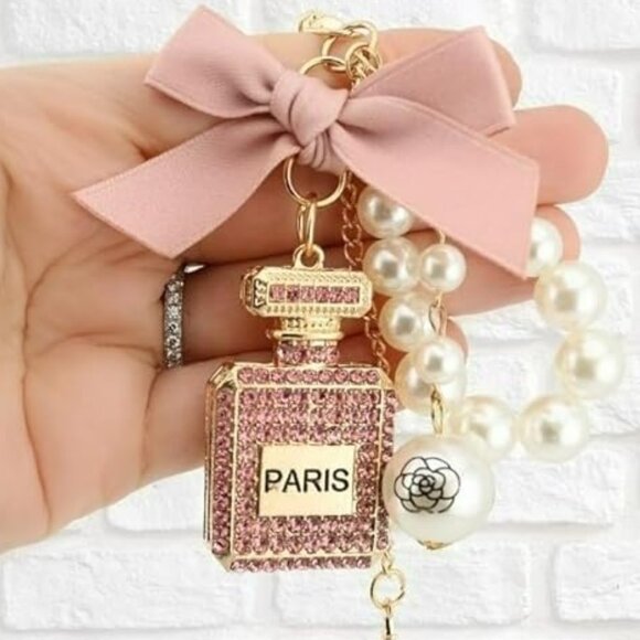 Paris Perfume Bottle Pearl Crystal Keychain Bag Charm - Picture 2 of 5